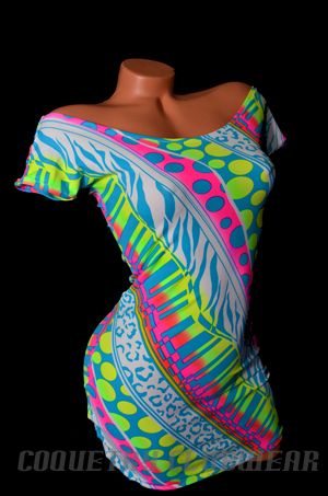 Punky Neon UV GLOW 80s Print Off SHoulder Sexy Clubwear Lycra Mini 