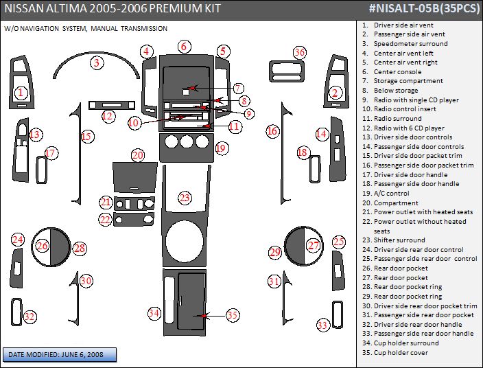 NISSAN ALTIMA 2005 2006 DASH TRIM KIT 35 PCS MANUAL  