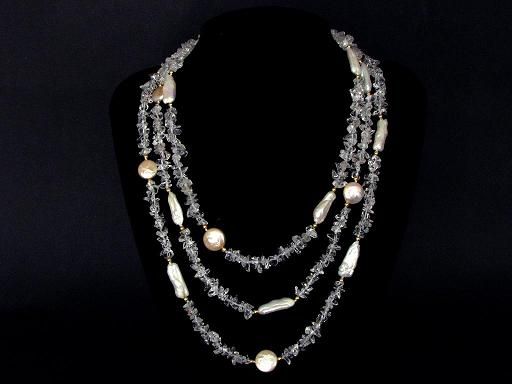 Necklace 3S Biwa White Coin n Stick Pearls Quartz Chips  