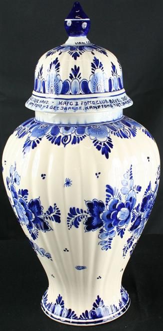 VINTAGE HAND PAINTED BLUE & WHITE DELFT GINGER JAR VASE PIGEON RACING 