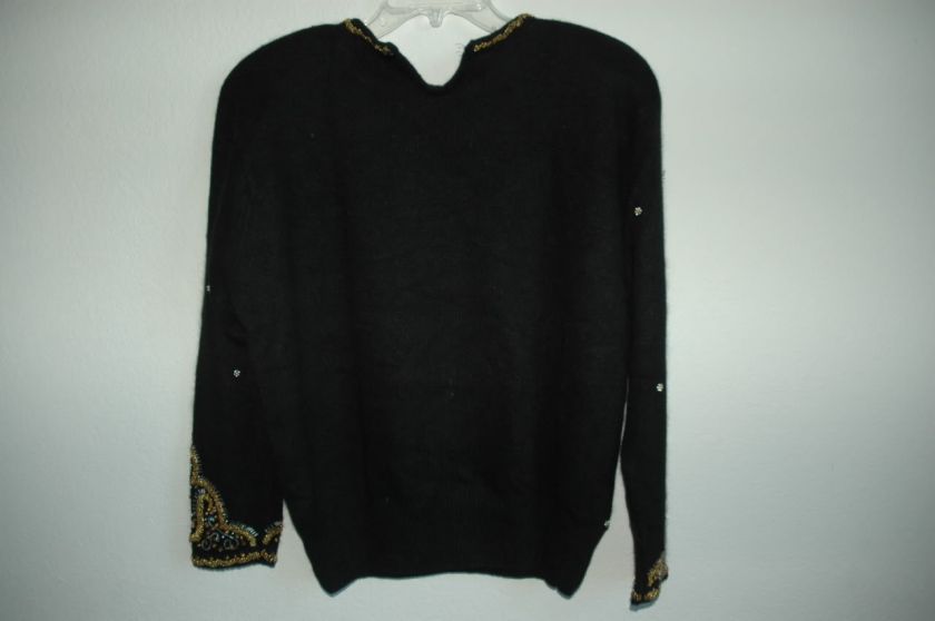 KAREN SCOTT EVENING Womens Long Sleeve Black Sweater Beads Embellished 