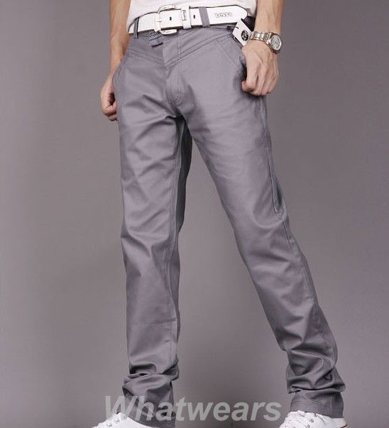 Mens Slim Casual Trousers Straight Leg Pants Grey Z51  