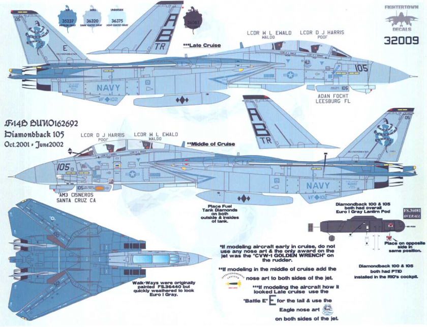 Fightertown Decals 1/32 F 14B TOMCAT VF 102 Diamondbacks Enduring 