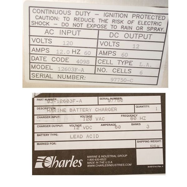 CHARLES MARINE 93 12603F A 120V BOAT BATTERY CHARGER  