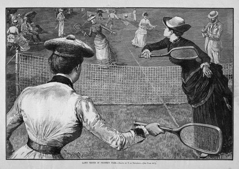 LAWN TENNIS IN PROSPECT PARK 1885, WOMEN PLAYING TENNIS  