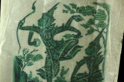 Vintage 1960s Thailand Temple Rubbing Blue Green Ramakien Epic Wat Po 