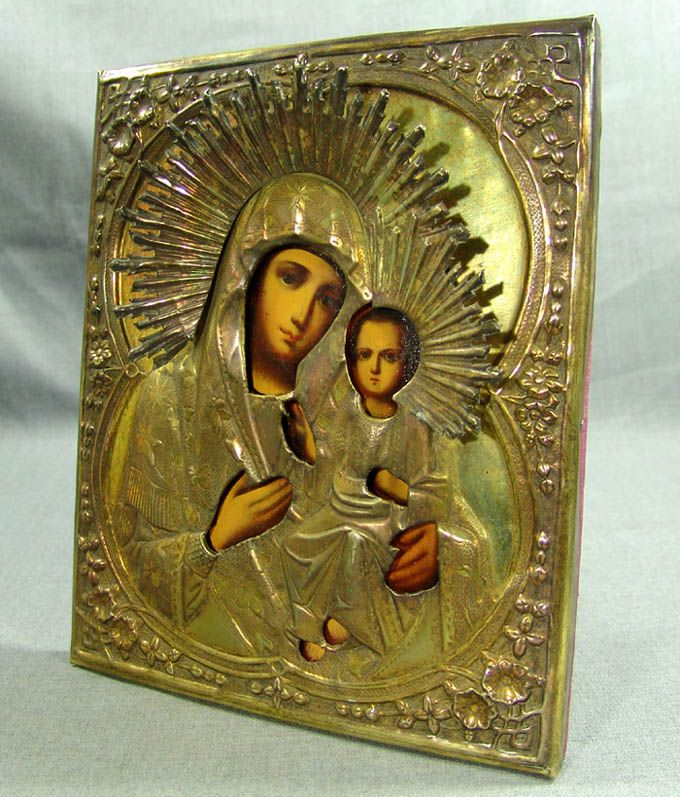 IMPERIAL RUSSIAN MOROZOV OKLAD WOODEN ICON~VIRGIN&JESUS  