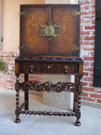 Antique English Carved Oak BARLEY TWIST LEATHER Liquor Wine Buffet 