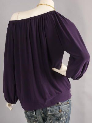 Purple Off the Shoulder Banded Hem Top w/ Necklace