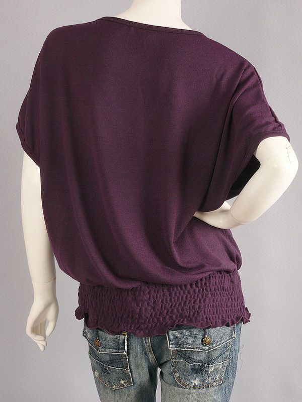 Purple Scoop Neck Bat Wing Sleeve Smocked Hem Top M L  