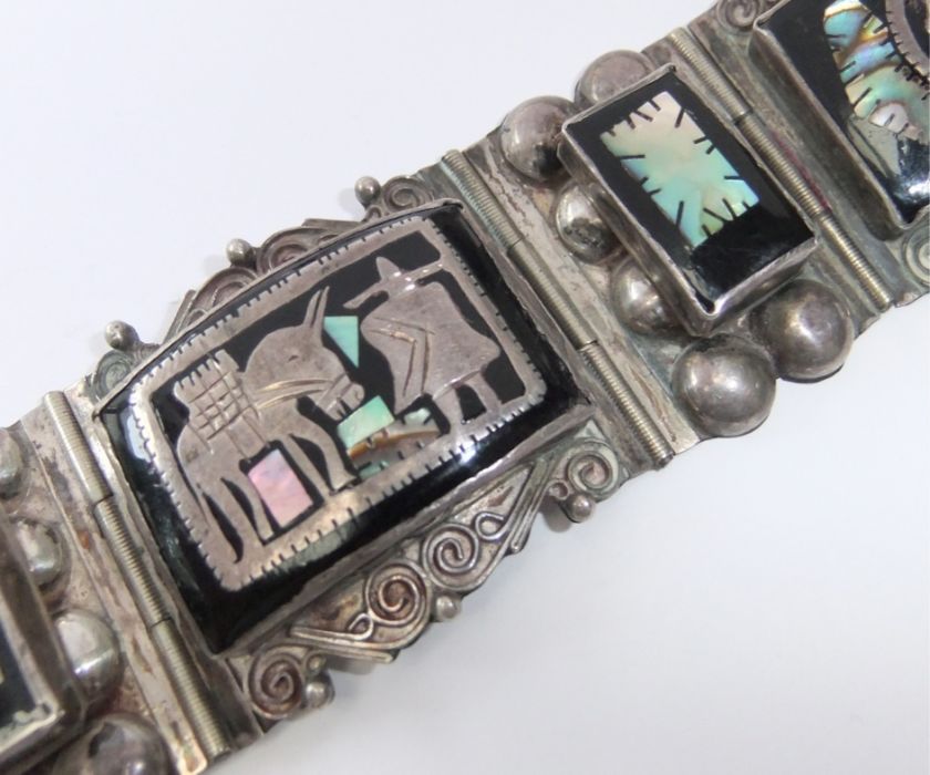 BIG CHUNKY VINTAGE MEXICAN STERLING SILVER ABALONE INLAY BRACELET 