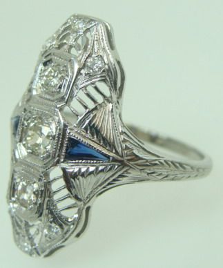 Antique 20K white gold Diamond Ring with blue sapphires  