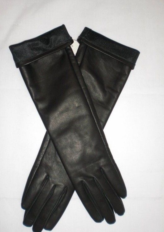 Fashion Women Long Genuine Leather Gloves 50cm Black #M  