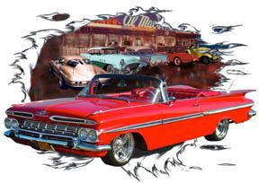 1959 Red Chevy Impala Convertible b Custom Hot Rod Diner T Shirt 59 