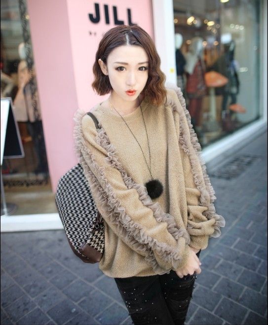 CREW NECK CHIFFON DECORATION LONG SLEEVE KNIT TOPS 1998  