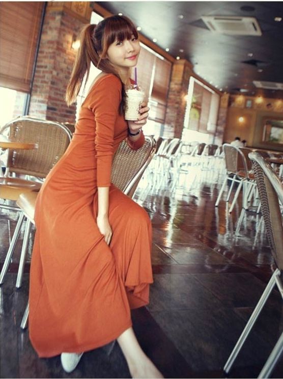 New Women Sexy Back Orange Long Casual Dress P047  