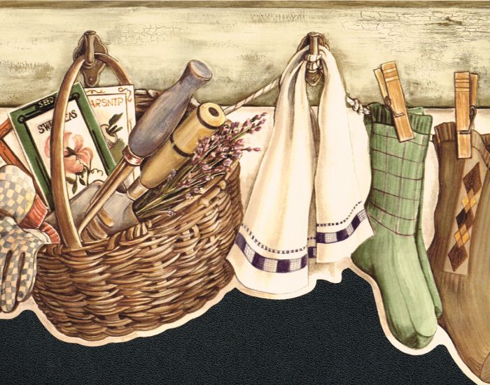 DIE CUT ANTIQUE COUNTRY LAUNDRY ROOM & GARDENING Gr BUCKET Wallpaper 