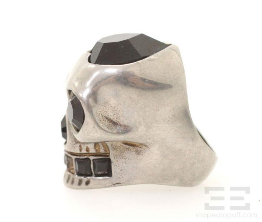 Alexander McQueen Silver & Black Swarovski Crystal Skull Ring Size 6.5 