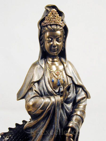 KUAN YIN ON DRAGON STATUE Kwan Kannon Guanyin Bronze  