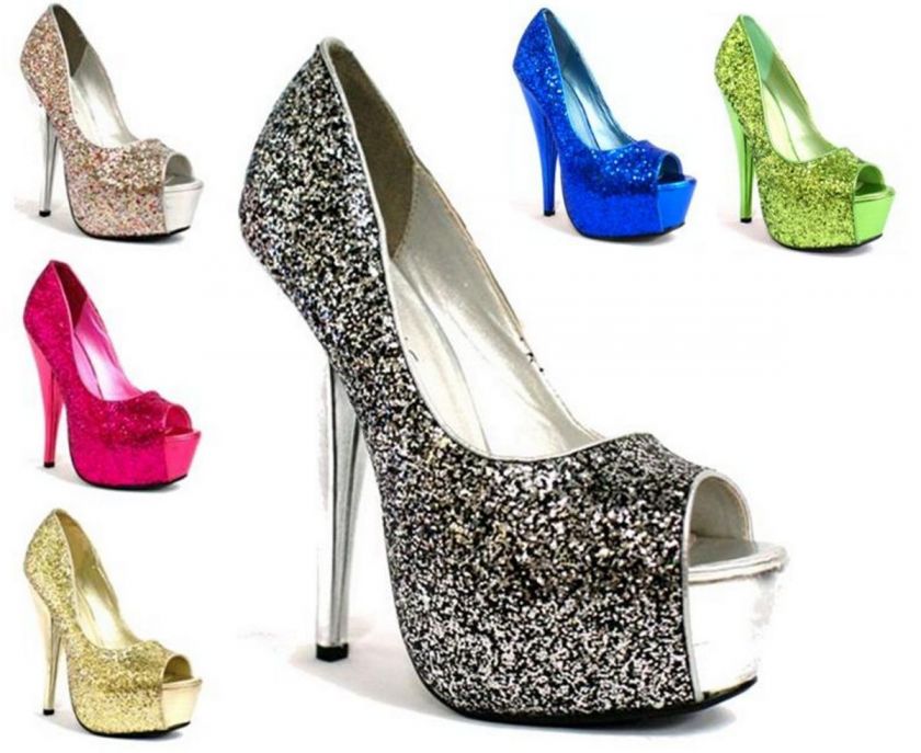   LADIES HIGH HEEL GLITTER PLATFORM PEEP TOE PUMP COURT SHOES SIZE 3 8