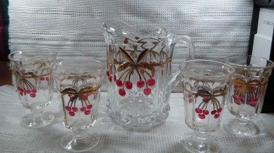 Cherry Cable Decorated Water Set   Pitcher and Four Tumblers  