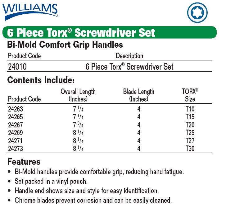 WILLIAMS 6 PIECE TORX SCREWDRIVER SET, #24010  