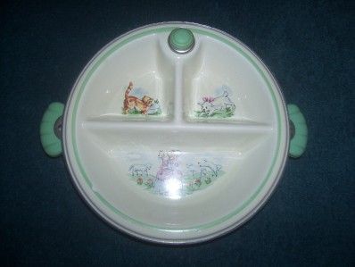 Vintage Baby Warming Divided Dish Woman Lamb Dog Cat  