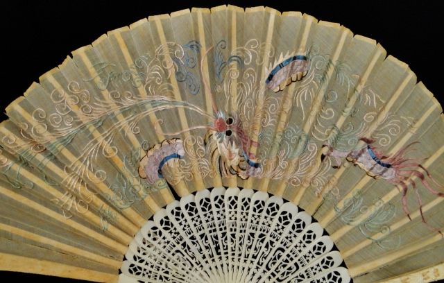   Silk Embroidered Dragon Bamboo Design Cow Bone Ladies Opera Fan  