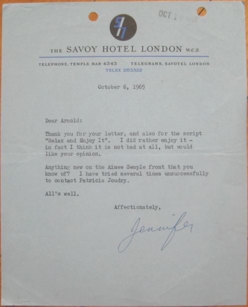 1965 TLS Autograph Letter   Actress, JENNIFER JONES  