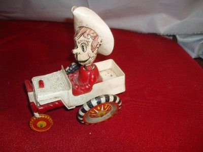 VINTAGE MAR COWBOY IN A JEEP MARX WIND UP TOY  