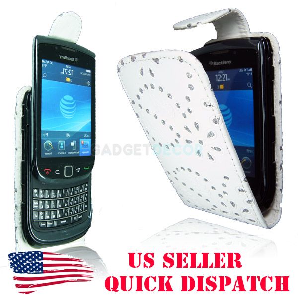 FOR BLACKBERRY TORCH 9800 BLING DIAMOND WHITE LEATHER FLIP CASE COVER 