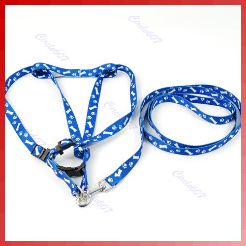 Bone Paws Print Small Dog Pet Leash Lead Harness Blue  