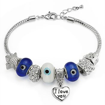 Eye European Charm Glass Bead Turkish Nazar Greek Hamsa Bracelet Blue 