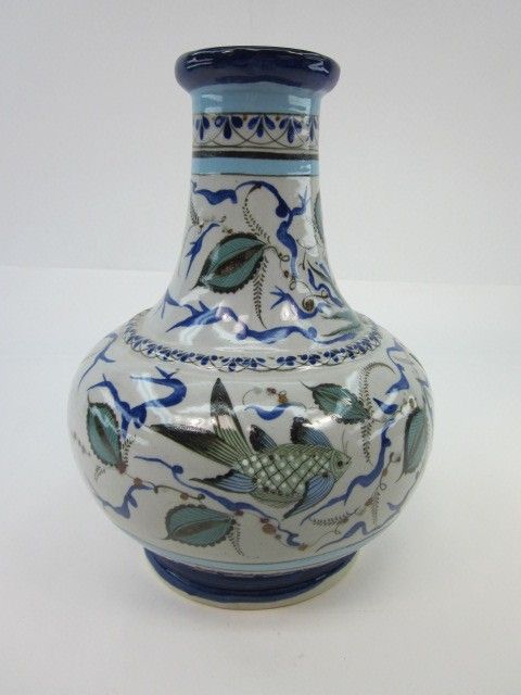   Edwards Large Pottery Stoneware Vase Fish Mexico Mexican Blue Green