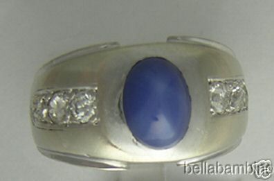 14K WHITE GOLD DIAMOND & LINDY STAR SAPPHIRE MENS RING  