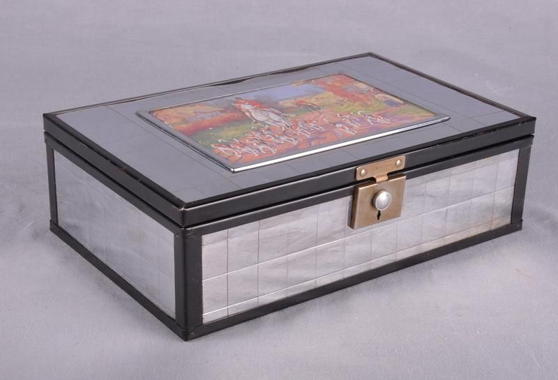 VTG Art Deco Chrome Cigar Trinket Box w/ Print 1920s  