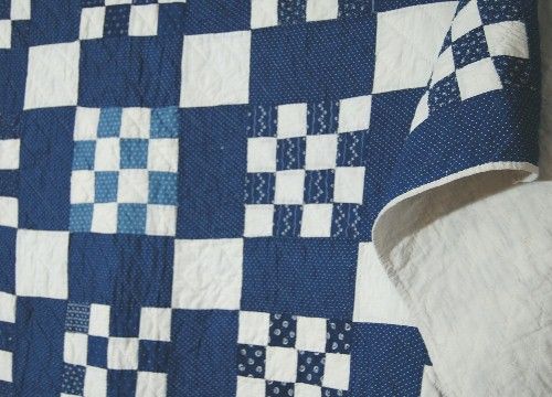 1880s Indigo & White 16 Patch Postage Stamp Quilt  