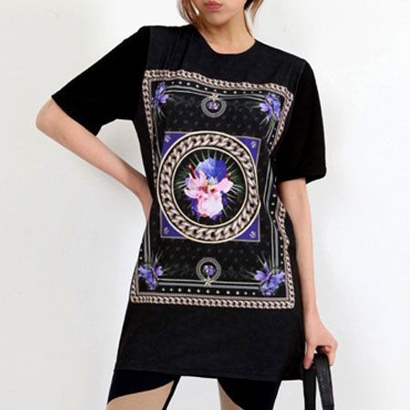 Flower Print T shirt Floral Frame Pattern Short Sleeve Crew Neck 