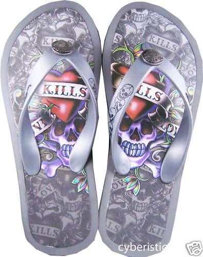 Mens Ed Hardy Silver Grey Black Love Kills Flip Flops  