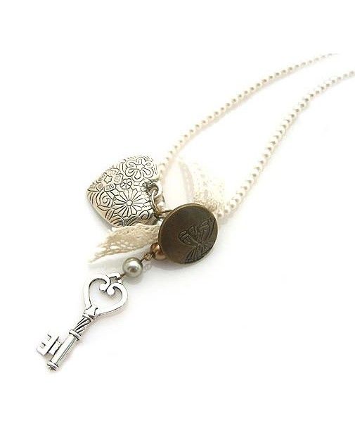 Collier Femme Retro Vintage Perle avec Coeur et Cle  