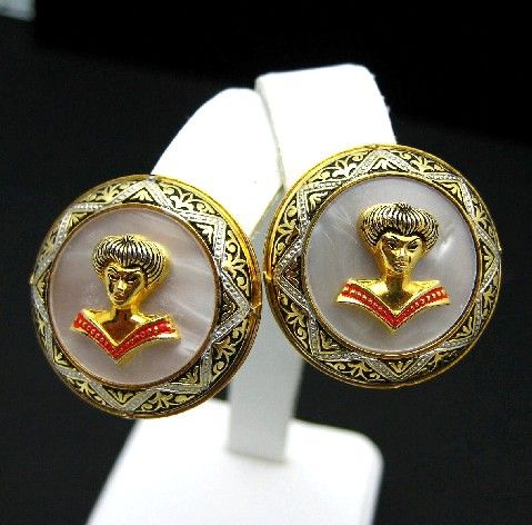 Vtg DAMASCENE Toledoware Oriental Lady Earrings Lucite  