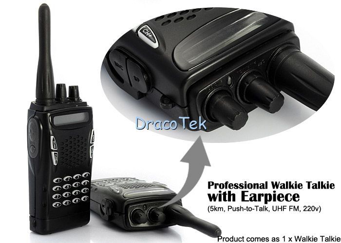 Professional Walkie Talkie with Earpiece (5km, Push to Talk, UHF FM 