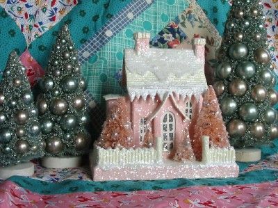 Small Pink Cottage Lighted Putz Christmas House Paper Mache  