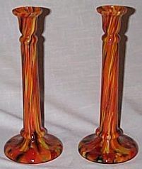 Art Deco CZECHOSLOVAKIA Mottled Glass TALL CANDLESTICKS  