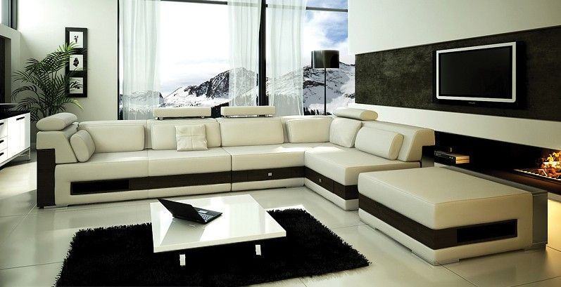 Contemporary Large White L U Shaped Leather Sectional Sofa w/ Drawers 