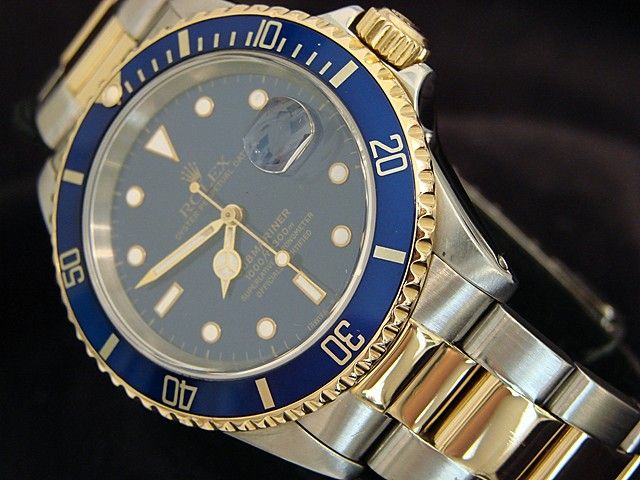 MEN ROLEX 2TONE 18K GOLD/STEEL SUBMARINER DATE BLUE SUB  