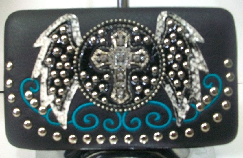 WESTERN COWGIRL RHINESTONE CROSS WINGS FLAT WALLET  