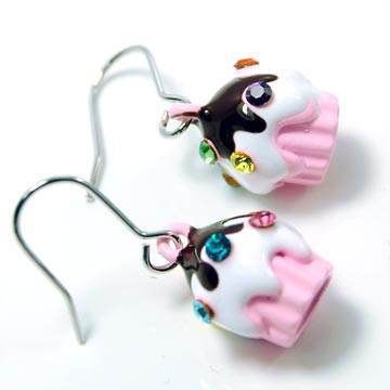 Pink Crystal Mini Cupcake Dangle Earrings  