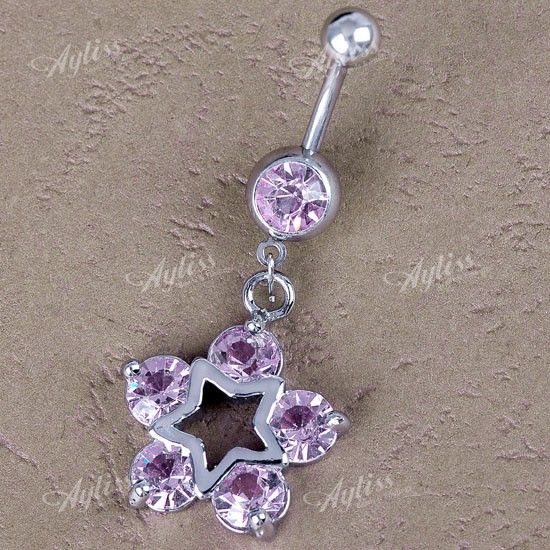 1PC 14G Pink Crystal Dangle Star Steel Belly Navel Ring Piercing 