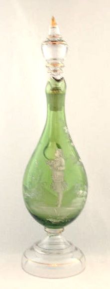 Green MARY GREGORY art glass footed handled decanter  